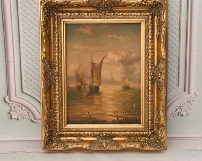 Vintage Painting Boat on Sea - Painting with Gold Frame on Wood - Sea Lovers Art - Painting HandMade Wall Decor - Home Decor - Gift Idea