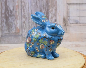 Blue Porcelain Rabbit Figurine: Floral Art Deco Statue