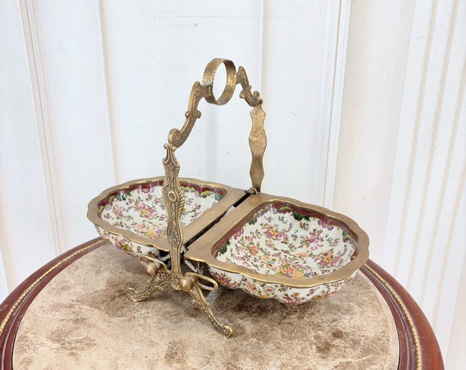 Vintage Art Nouveau Porcelain Shell Plateau with Bronze