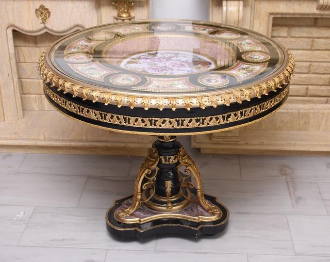 Gilded Bronze & Wood Table - Empire Style Floral Medallions