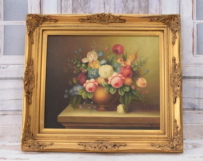 Flowers Painting in Golden Frame Oil on Canvas 81x71 - French Art - Flower Wall Decor - Luxury Gift - Wall Art - Home Decor