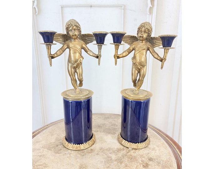 Vintage French Angel Candle Holders – Cobalt Porcelain Bronze Cherub Candlesticks (Set of 2)