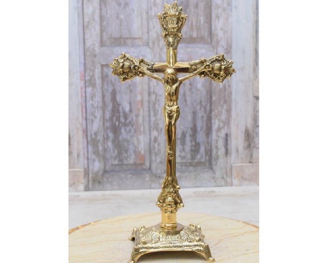 Brass Cross of the Christ - Stand Crucifix Cross Jesus Brass - Wall Art - Wall Decor - Handmade Cross - Catholic Art - Religious Gift