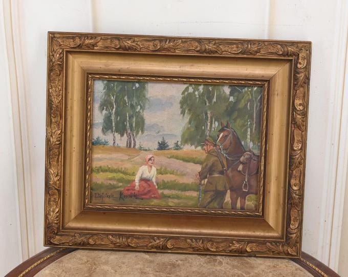 Antique Polish Painting: 1920s Soldier with Horse, Kossak Style