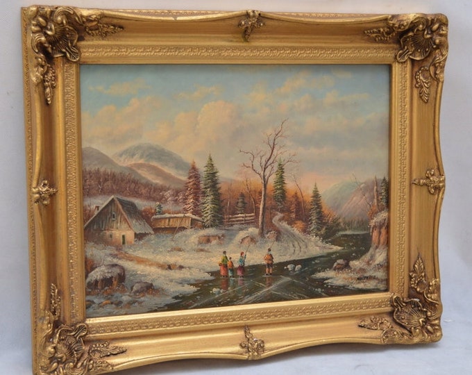 Winter Landscape ice fun kids oil on wood nice painting oil Art  Gift   Art Deco goldene frame