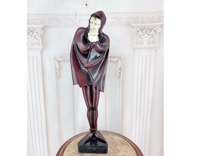 Gothic Bronze Sculpture – Contemplative Cloaked Figure, Theatrical Art Decor