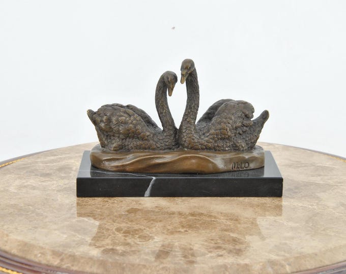 Swans Bronze Statue on Marble Base – Romantic Swan Figurine – Foundry Mark Sculpture – Exclusive Wedding Gift – Elegant Home Decor