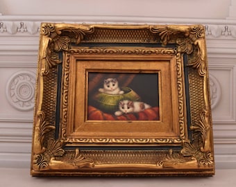 Two Cats Painting: Signed Art in Gold Frame (14.17x16.14 inches)