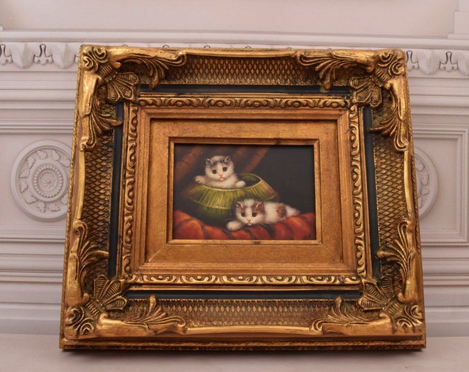 Amazing Painting Two Cats - Cat Painting in Nice Gold Frame - Wall Decor - Gift Idea for Birthday, Wedding, Housewarming