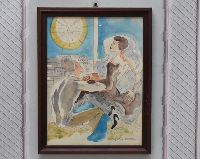 Maja Berezowska – Moonlit Engagement – Lovers at Night – Watercolor & Ink on Paper – Vintage Artwork