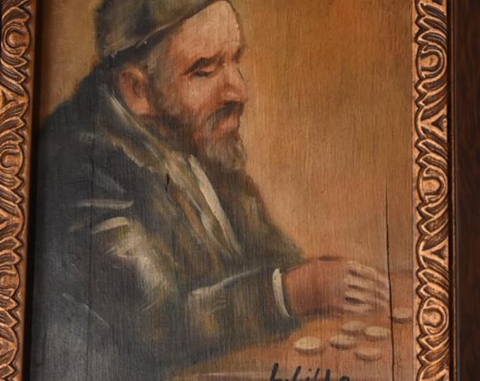 Antique Jewish Painting Signed Lille | Jew with Gold Coins | Old Oil on Canvas | Vintage Wall Art | Judaica Home Decor