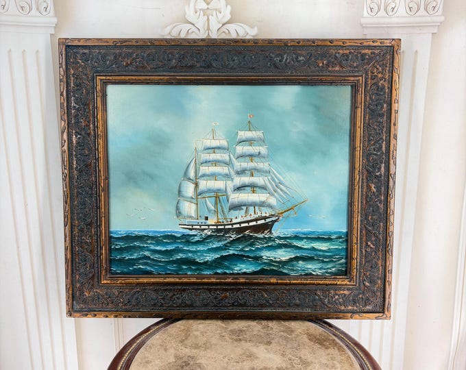 Vintage Seascape Oil Painting – Sailing Ship, Stormy Sea, Gold Frame, Nautical Wall Art