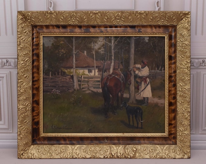 Antique Painting Meeting at the Inn - Painting Setkowicz on Canvas - Polish Old Village - Unique Painting from Poland - Wall Decor