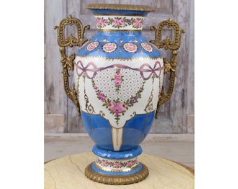 Antique Blue Porcelain Vase - Flower Pot Art Nouveau Bronze Ornaments - Painted Porcelain - Old Vase - Home Decor - Gift Wedding