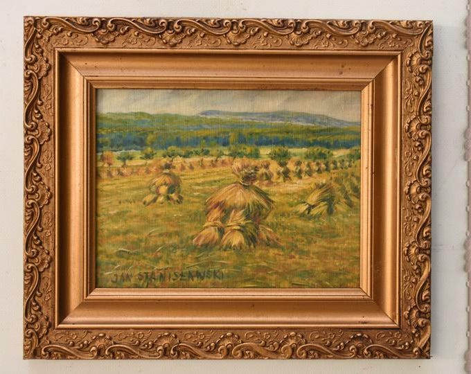 Polish Countryside Landscape – Forest & Hayfields – Oil Painting On Wood – Stanislawski Art – Vintage Wall Art Decor