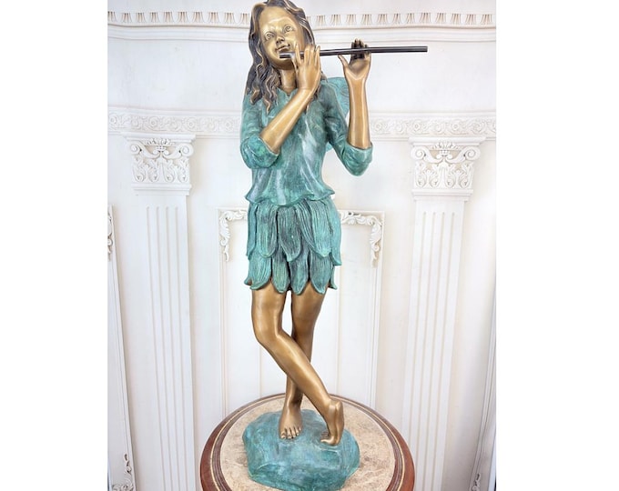 Standing Winged Thumbelina Bronze Statue - Patinated Bronze Flute Player Sculpture - Vintage Fairy Garden Decor