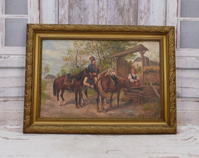 Genre Scene Polish Painting - Ludwik Gedlek Wien - Old Painting on Canvas - Soldier on Horse - Exclusive Gift for Patriots - Wall Decor
