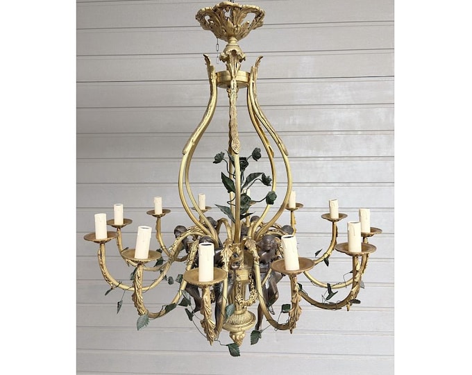 Vintage French Bronze Chandelier - Nymph Figures & Roses - 12 Light Gilt Ceiling Light - Rococo Style