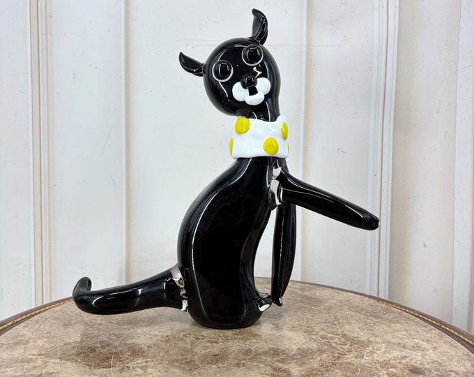 Vintage Murano Style Black Cat Figurine – Elegant Glass Cat Sculpture – Decorative Animal Art