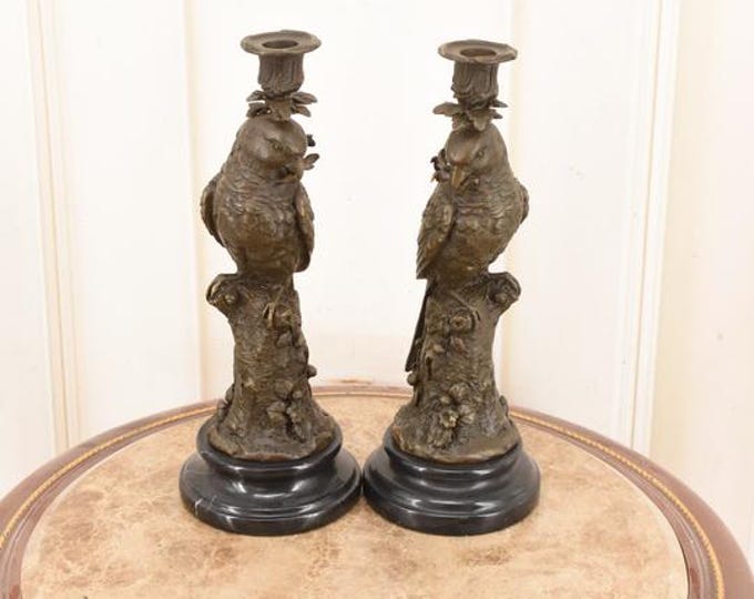 Parrot Bronze Candlesticks on Marble Bases – Foundry Mark Bird Sculptures
