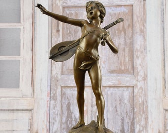 Grand Ange Cupidon avec Statue en Bronze Mandoline - Figurine Art Déco - Sculpture d’Ange sur Base en Marbre - Idée Cadeau - Décoration Maison