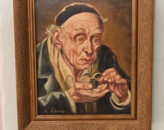 Antique Judaica Oil Painting: Jew with Gold Coins Signed Lisowski