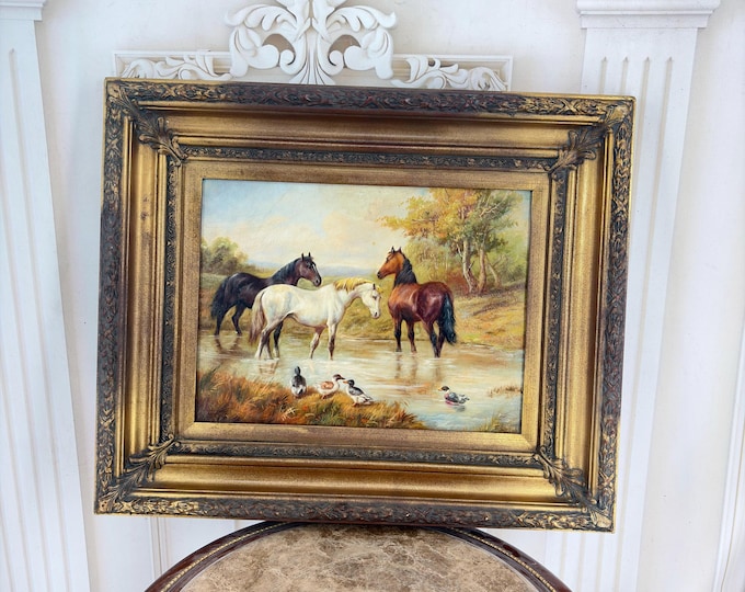 Vintage French Horses Oil Painting – Pastoral Landscape with Gold Frame
