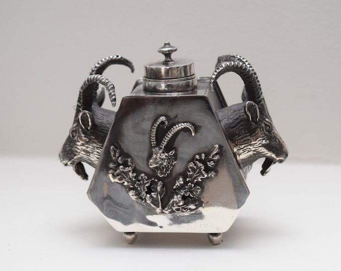 Silver Old Hunter Inkwell Chamois Hunters Instand Rare Silver Russia Hunter Gift Tsar 84