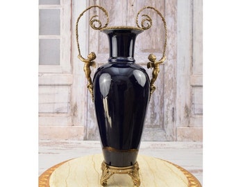 Antique Cobalt Porcelain Vase: Art Nouveau Bronze Ornaments, 18"