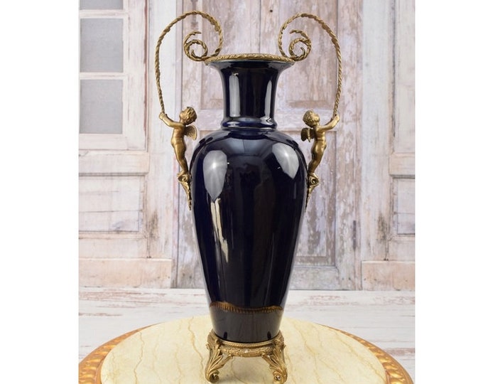 Large Cobalt and Porcelain Vase - Antique Amazing Dark Blue Flower Pot and Bronze Ornaments - Art Nouveau Vase Home Decor - Gift for Wedding