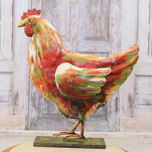 Iron Hen Colorful Figurine - Figure Sculpture Hen - Garden Statue Gift Idea - Art Work Chicken - Home and Garden Decor