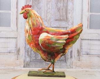 Colorful Iron Hen Figurine: Whimsical Garden Art Sculpture