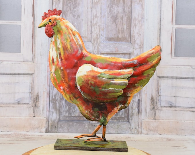 Iron Hen Colorful Figurine - Figure Sculpture Hen - Garden Statue Gift Idea - Art Work Chicken - Home and Garden Decor