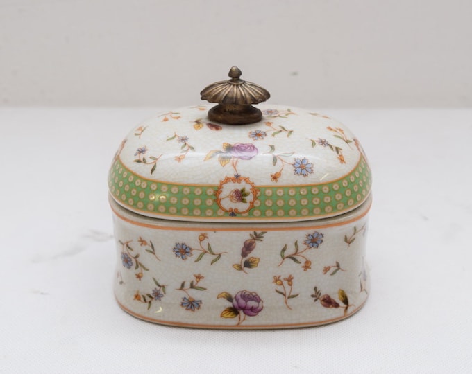Painted Green Porcelain Casket Flower Flowers Ornaments Art Nouveau  Vintage Gift -