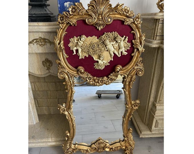 Vintage Mirror with Cherubs - Red Velvet - Ornate Gold Wooden Frame - Rococo Wall Mirror