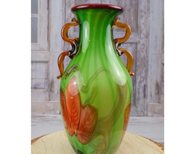 Green Large Vase Murano Style Glass - Handcrafted Flower Pot - Colorful Flower Pot - Massive and Heavy - Italian Luxury Glass - Home Decor