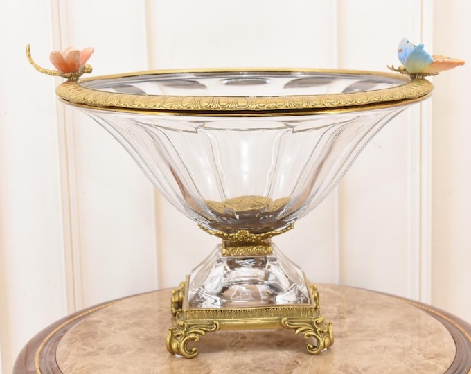 Crystal Pedestal Fruit Bowl Basket with Bronze Accents – Hand-Painted Bronze Dragonflies – Unique French Art Nouveau Centerpiece