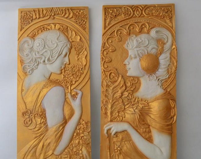 Pair of Art Nouveau Bas-Reliefs – Golden Wall Decor – Ancient Greece Motif – Alfons Mucha Inspired – Unique Gift Idea