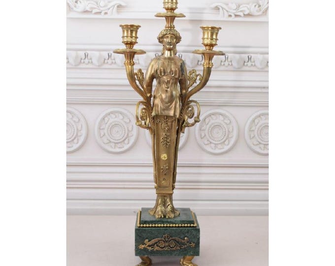 Empire Bronze Candlestick Woman Statue - Bronze And Marble  - Woman Figure - Unique Candlestick - Luxury Home Decor - Office Decor