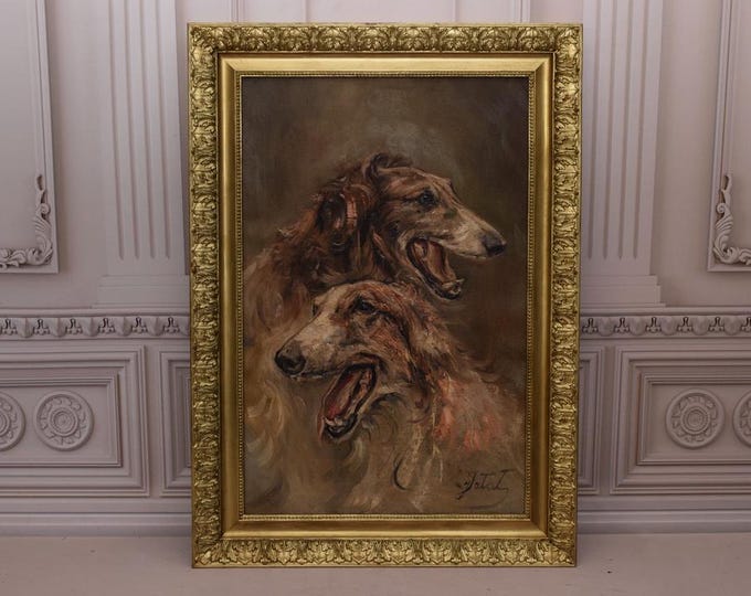 Antique Greyhound Dog Painting on Canvas – Framed Wall Art, Home Decor