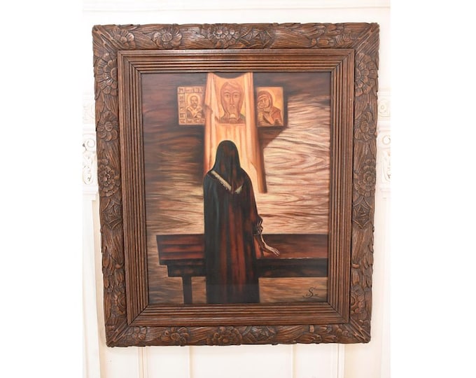Antique Oil Painting: Prayer in Church Scene, 120-Year-Old Religious Wall Art