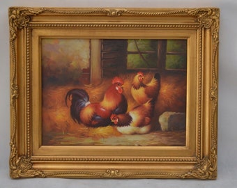 Hahn und Henne im Hühnerstall - Gemälde Öl auf Leinwand - Gemälde Bauernhof - Geschenk für Landwirt