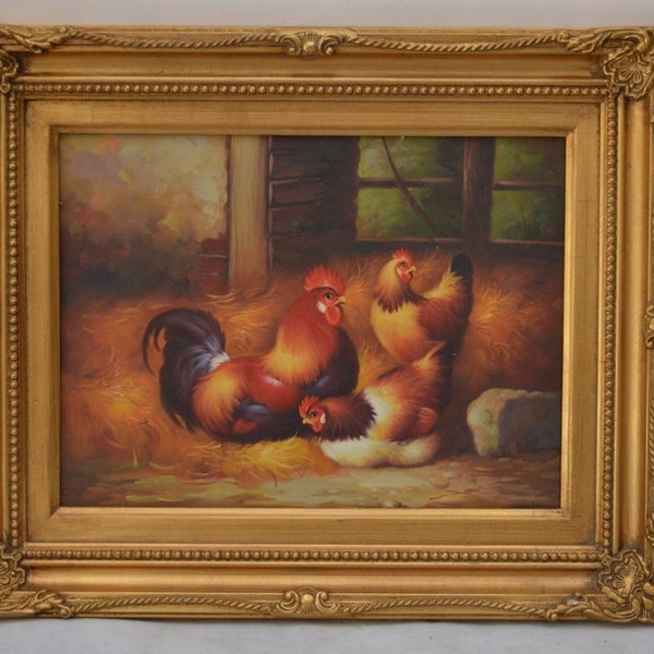 Gallo e gallina nel pollaio - quadro olio su tela - quadro fattoria - regalo per contadino