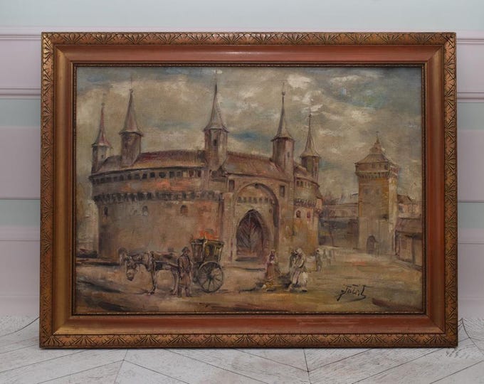 Antique Oil Painting: Cracow Barbakan, Horse Art, Signed