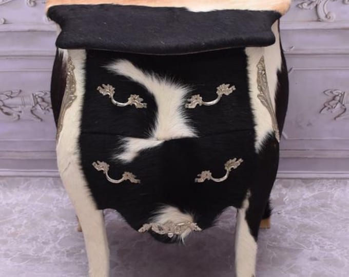 Funny Spotted Chest Of Drawers – Cow Pattern Faux Fur Commode – Black White Vintage Furniture – Unique Statement Home Decor
