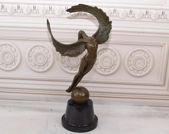 Icarus Bronze Sculpture: Winged Woman Art Nouveau Figurine on Marble