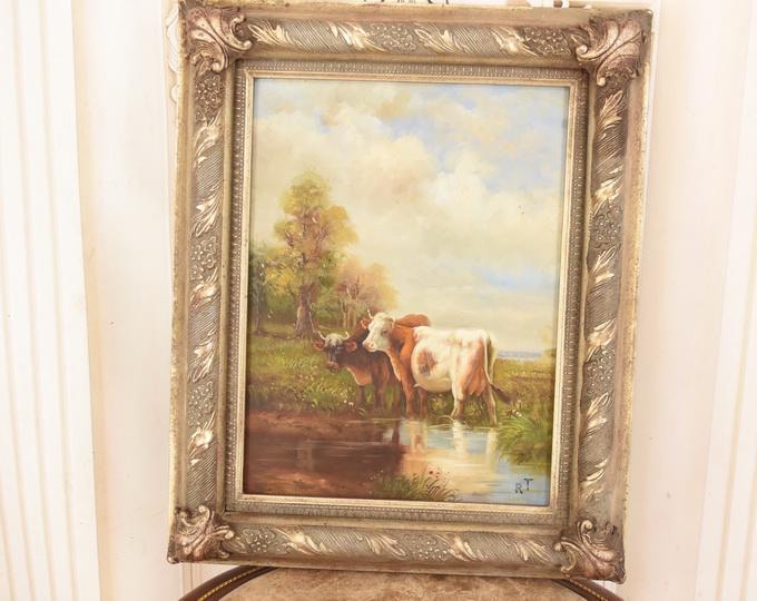 French Vintage Oil Painting – Cows in Pasture, Golden & Silver Frame