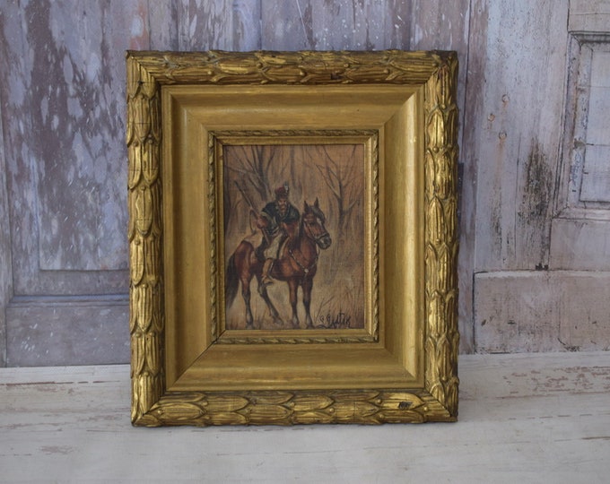 Genre Scene Polish Painting - Polish Soldier on Horse - Ludwik Gedlek - Old Painting on Wood - Exclusive Gift - Home Decor - Wall Decor