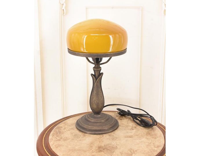 Vintage Cognac Banker Lamp: Orange Glass, Oxidized Brass Art Deco Desk Lamp