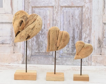 Handmade Teak Wood Heart Sculpture: Rustic Home Decor
